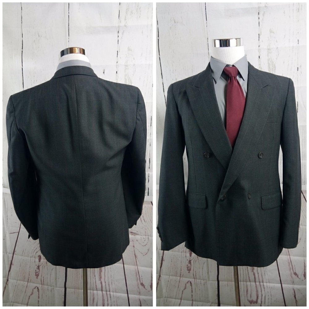 Evan Picone 41R 2 Button Double Breasted Dk Gray Striped Suit Blazer Sport Coat - Picture 6 of 8